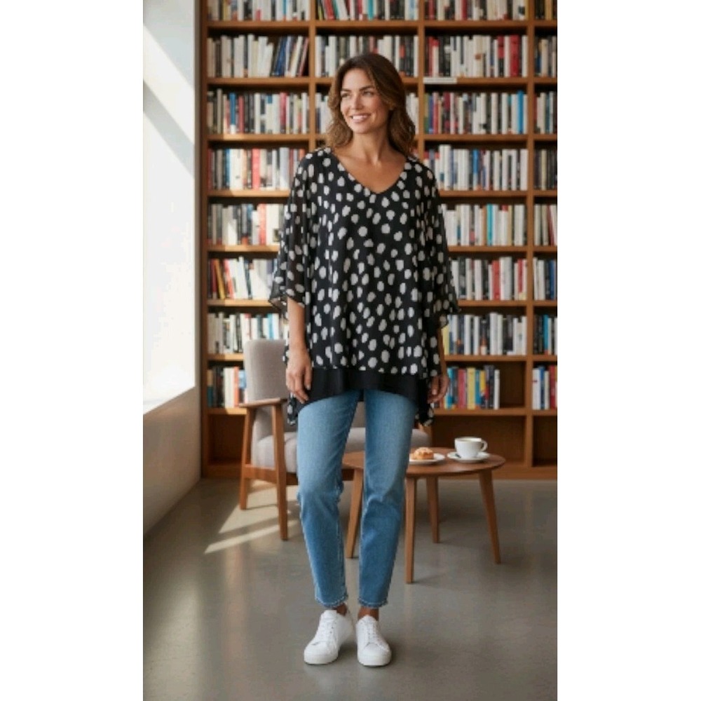 Women's Zac & Black/White Polka Dot Bat Wing Top Size L Flowy‎